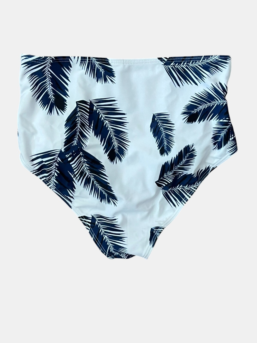 Women's Navy Flounce Tankini Top with White Navy Palm High-Waist Bottoms - Picture 6 of 11